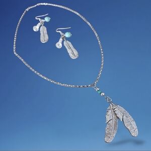 Silver Feather Pendant Necklace and Earring Set